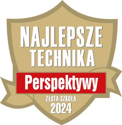 Potwierdzenie wyróżnienia - żółta tarcza z czerwoną wstążką i napisem Najlepsze Technika w Polsce, PERSPEKTYWY, Złota Szkoła 2022